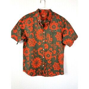Lost At Sea Men’s Button Up Floral Shirt L Orange Smiley Face Print Short Sleeve